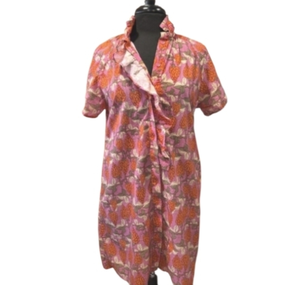 Boho Chic Small Floral Pink Ruffle Dress Buttin Down Hippie Retro Girlie